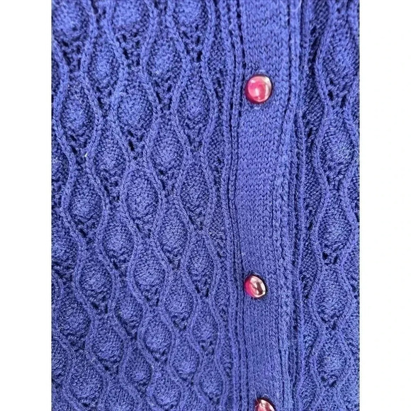 Vintage Billie Jo Classic Open Blue Knit Cardigan Sweater Red Buttons Medium - Picture 3 of 7